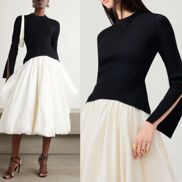 Simkhai Kenlie Midi Dress Black White Ribbed Knit Taffeta Bubble Hem Size S - Picture 2 of 12